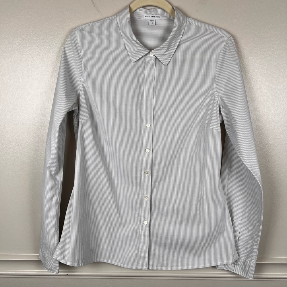 James Perse White and Gray Stripe Fitted Cotton Button Down Shirt